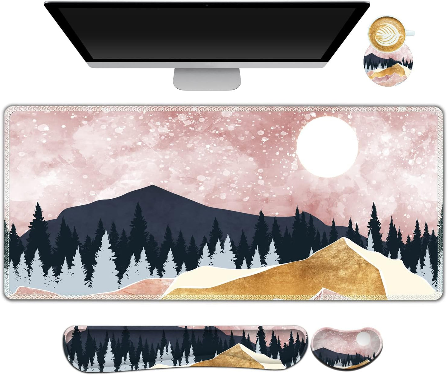 Large Gaming Mouse Pad, Keyboard Wrist Rest Pad & Wrist Support Mousepad Set, Stitched Edge, Extended, Non-Slip Base, Memory Foam Desk Mat for Office, Home, Abstract Art Marble