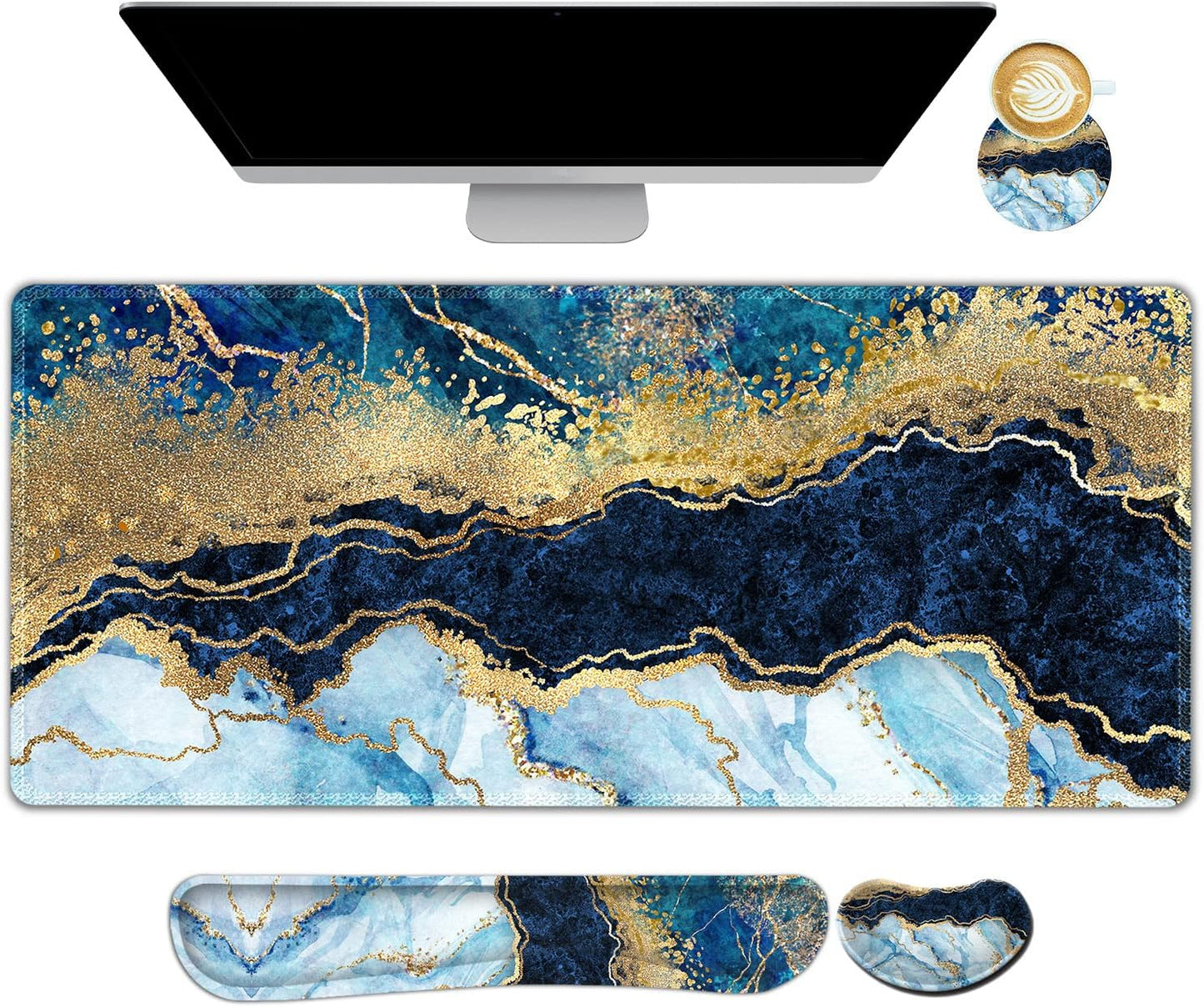 Large Gaming Mouse Pad, Keyboard Wrist Rest Pad & Wrist Support Mousepad Set, Stitched Edge, Extended, Non-Slip Base, Memory Foam Desk Mat for Office, Home, Abstract Art Marble