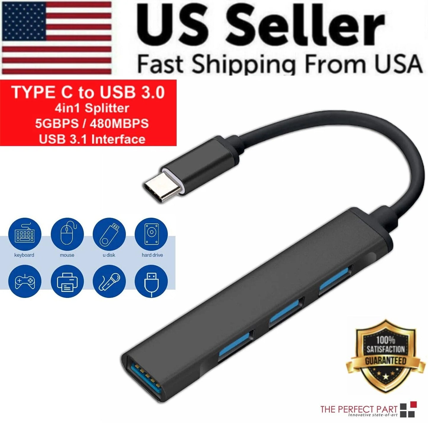 USB-C Type C to USB 3.0 4 Port Hub Splitter for PC Phone Mac Ipad Macbook Pro