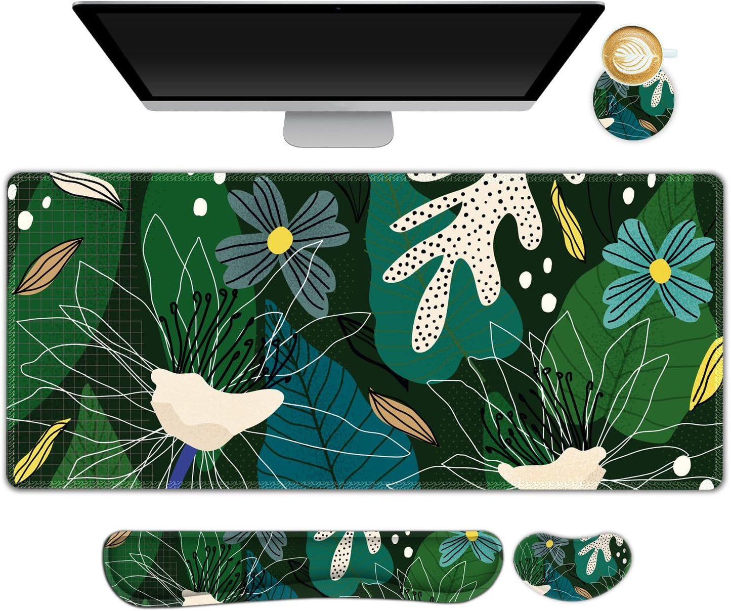 Large Gaming Mouse Pad, Keyboard Wrist Rest Pad & Wrist Support Mousepad Set, Stitched Edge, Extended, Non-Slip Base, Memory Foam Desk Mat for Office, Home, Abstract Art Marble