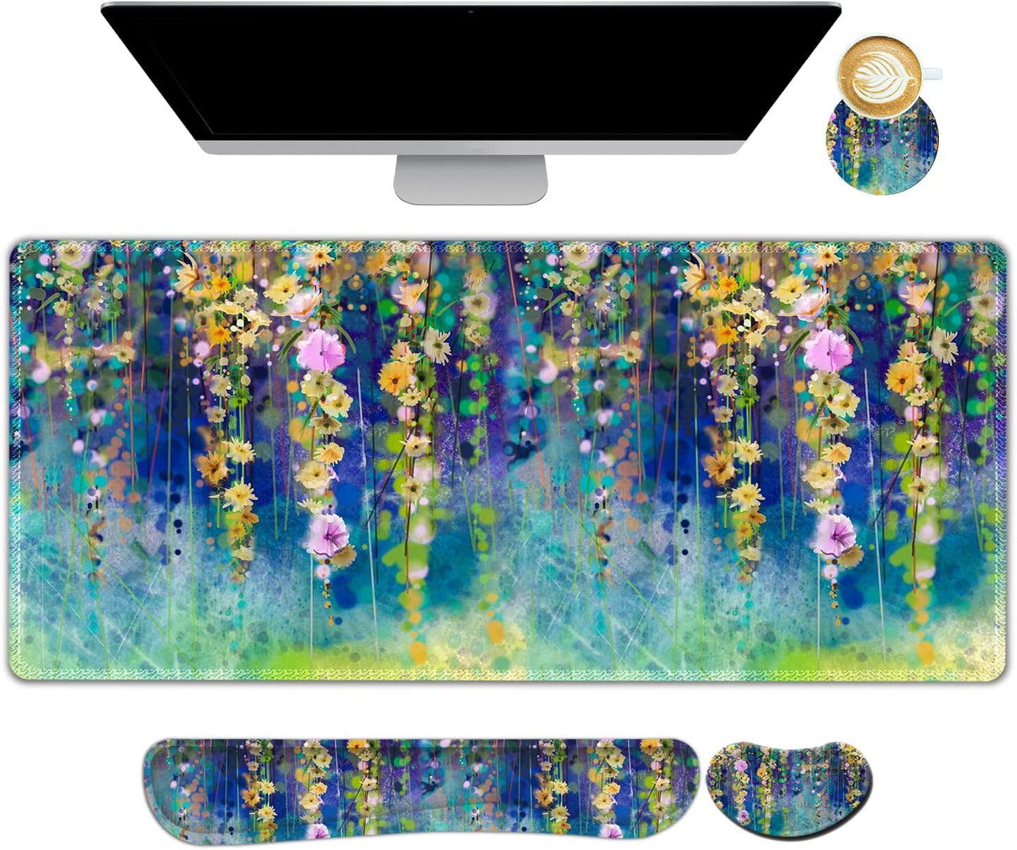 Large Gaming Mouse Pad, Keyboard Wrist Rest Pad & Wrist Support Mousepad Set, Stitched Edge, Extended, Non-Slip Base, Memory Foam Desk Mat for Office, Home, Abstract Art Marble