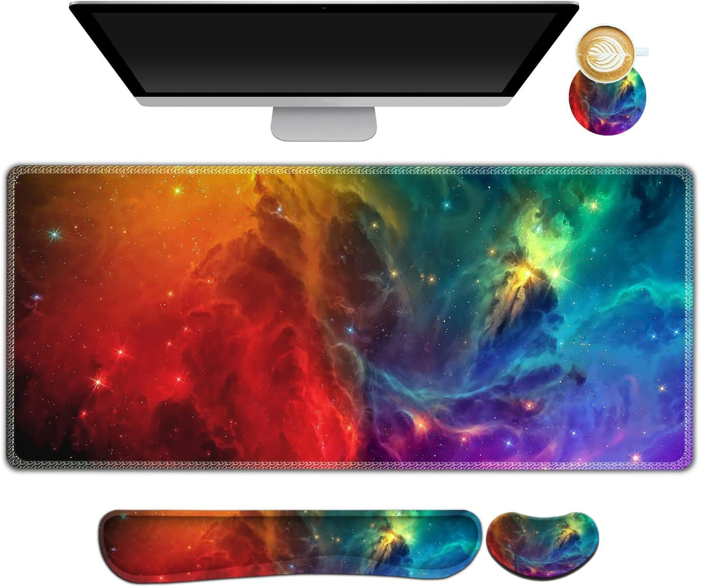 Large Gaming Mouse Pad, Keyboard Wrist Rest Pad & Wrist Support Mousepad Set, Stitched Edge, Extended, Non-Slip Base, Memory Foam Desk Mat for Office, Home, Abstract Art Marble