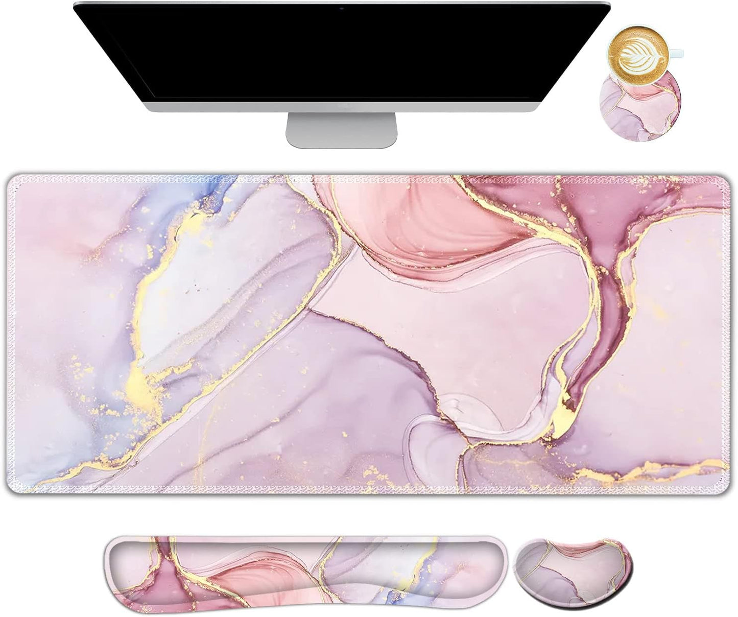 Large Gaming Mouse Pad, Keyboard Wrist Rest Pad & Wrist Support Mousepad Set, Stitched Edge, Extended, Non-Slip Base, Memory Foam Desk Mat for Office, Home, Abstract Art Marble