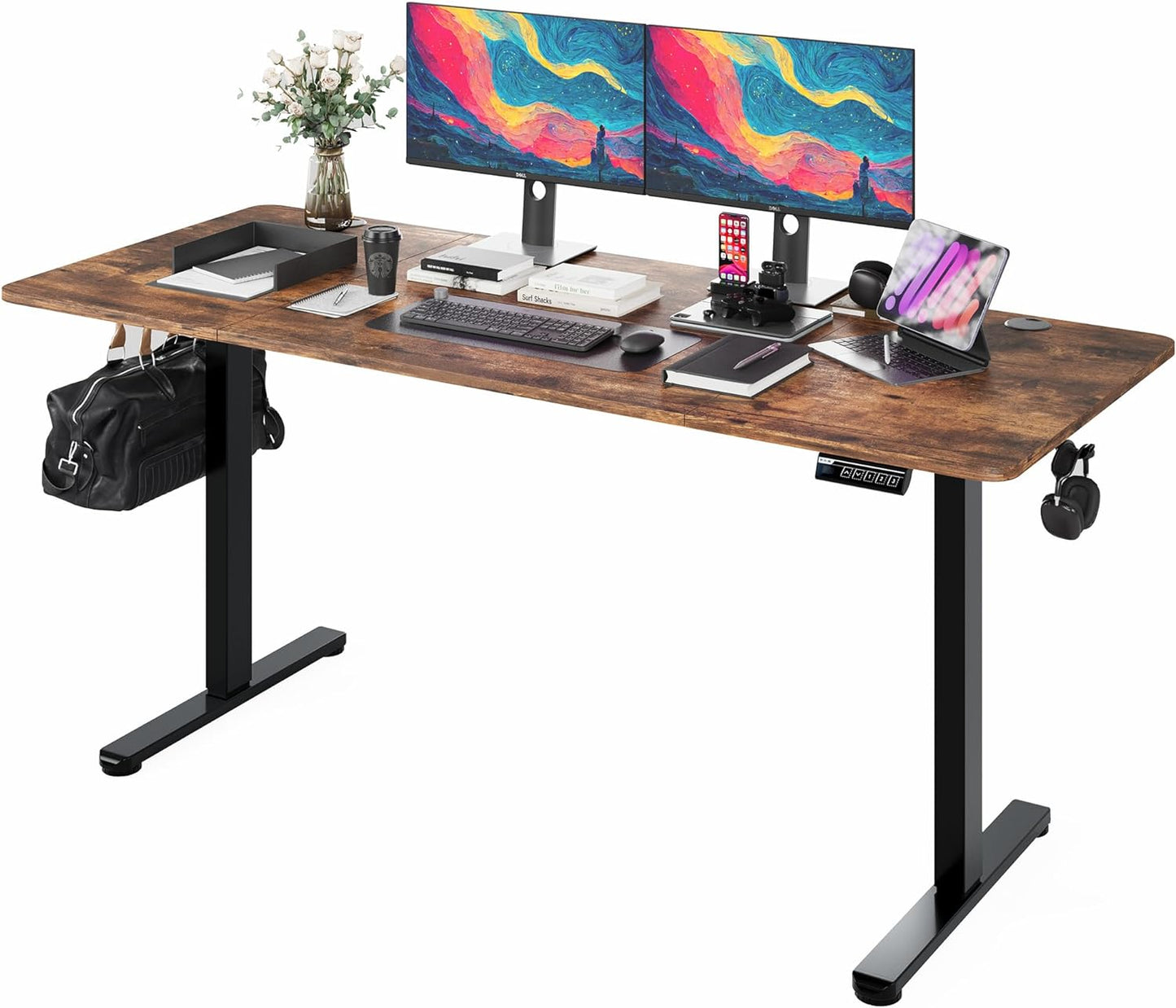 Enhance Your Workspace with the  Electric Height Adjustable Standing Desk - 55"x24", Ergonomic Sit-Stand Design with Memory Preset Controller (Black Frame/Rustic Brown Top)