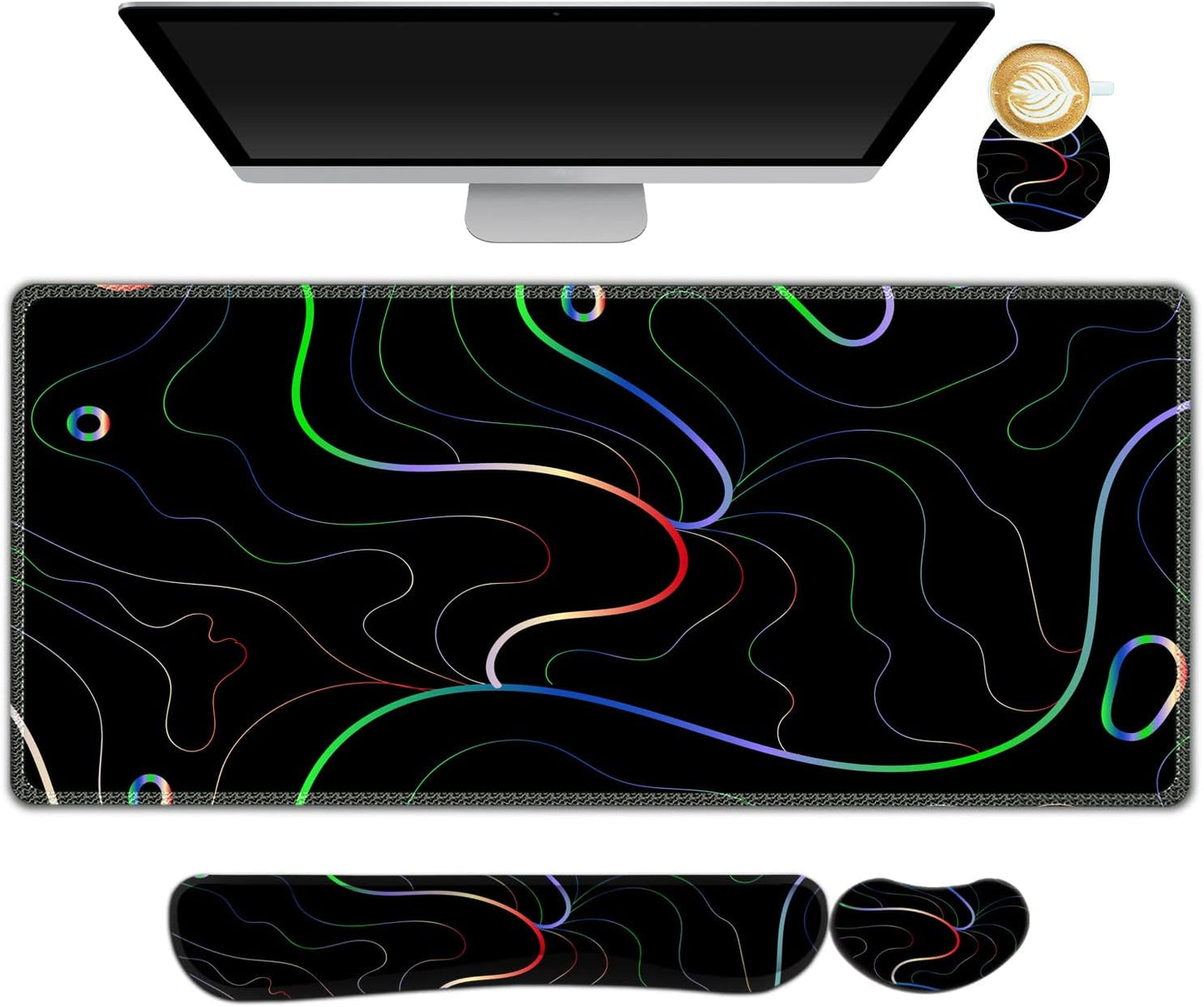 Large Gaming Mouse Pad, Keyboard Wrist Rest Pad & Wrist Support Mousepad Set, Stitched Edge, Extended, Non-Slip Base, Memory Foam Desk Mat for Office, Home, Abstract Art Marble