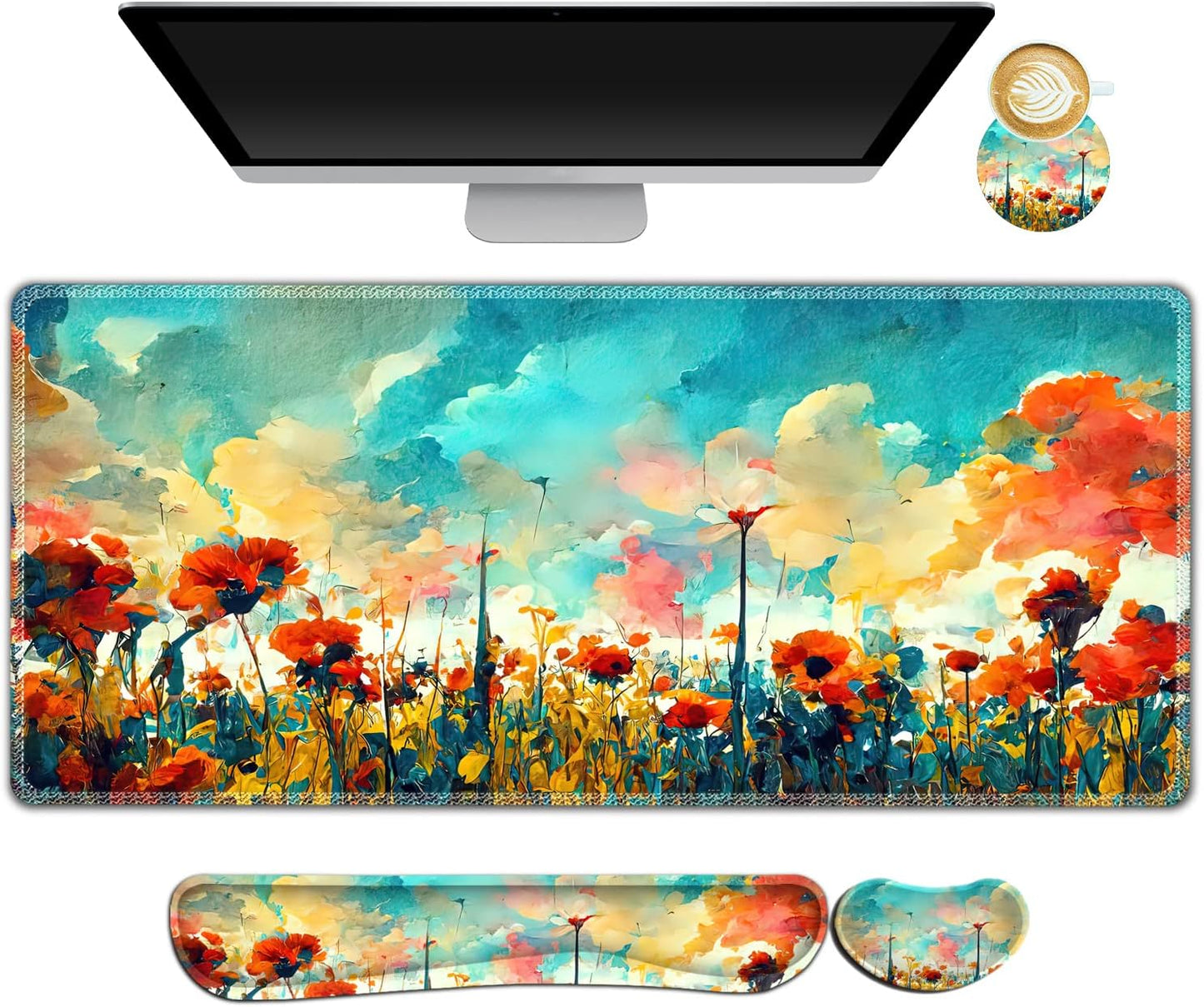 Large Gaming Mouse Pad, Keyboard Wrist Rest Pad & Wrist Support Mousepad Set, Stitched Edge, Extended, Non-Slip Base, Memory Foam Desk Mat for Office, Home, Abstract Art Marble