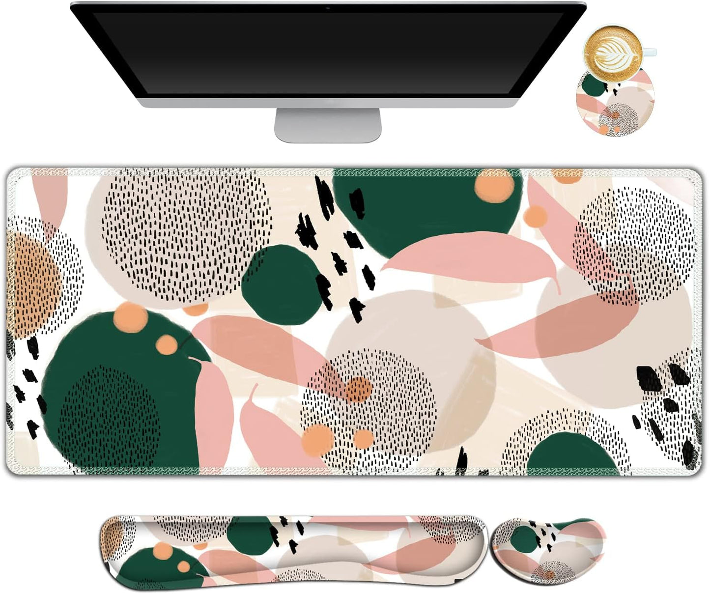 Large Gaming Mouse Pad, Keyboard Wrist Rest Pad & Wrist Support Mousepad Set, Stitched Edge, Extended, Non-Slip Base, Memory Foam Desk Mat for Office, Home, Abstract Art Marble