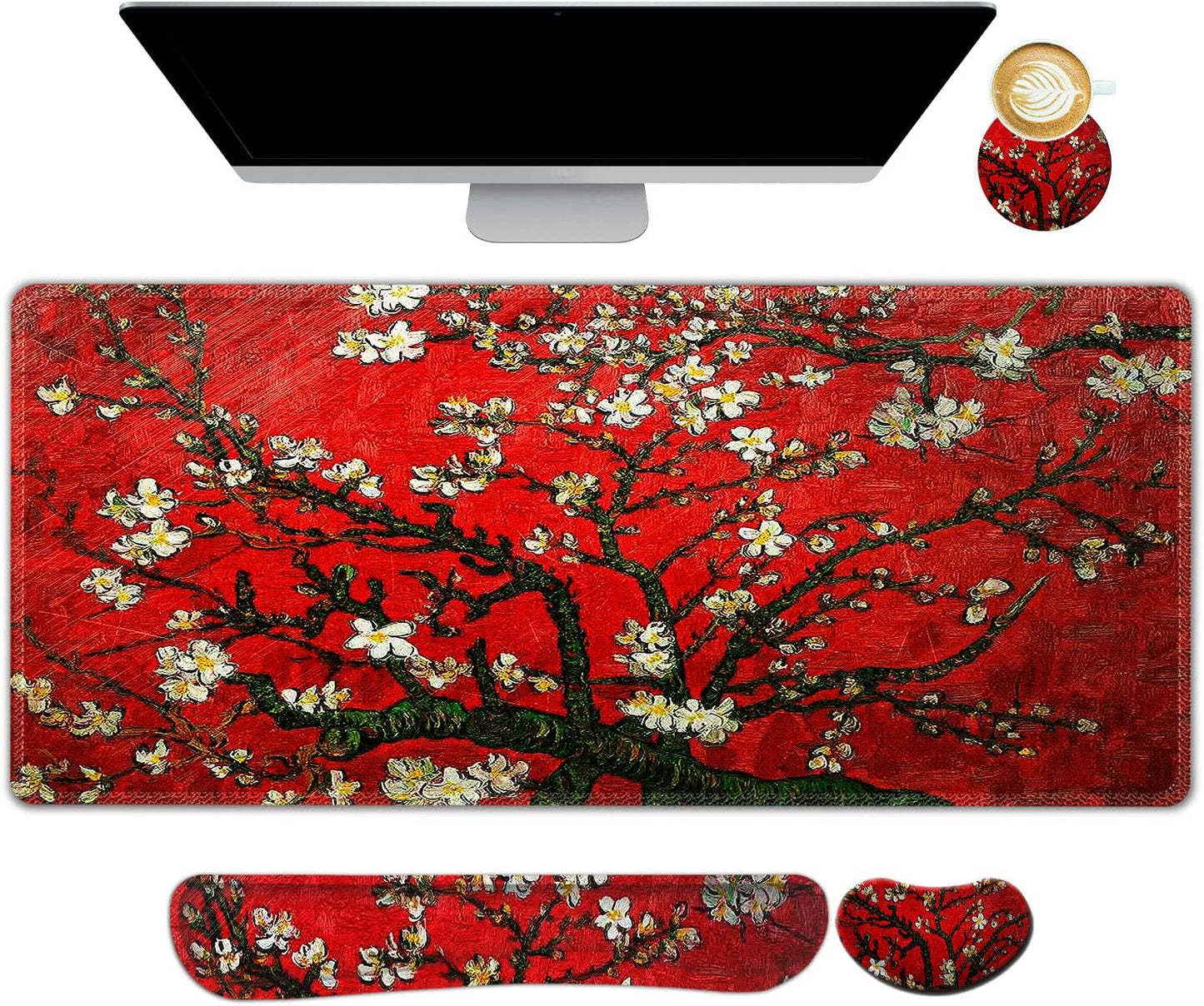 Large Gaming Mouse Pad, Keyboard Wrist Rest Pad & Wrist Support Mousepad Set, Stitched Edge, Extended, Non-Slip Base, Memory Foam Desk Mat for Office, Home, Abstract Art Marble