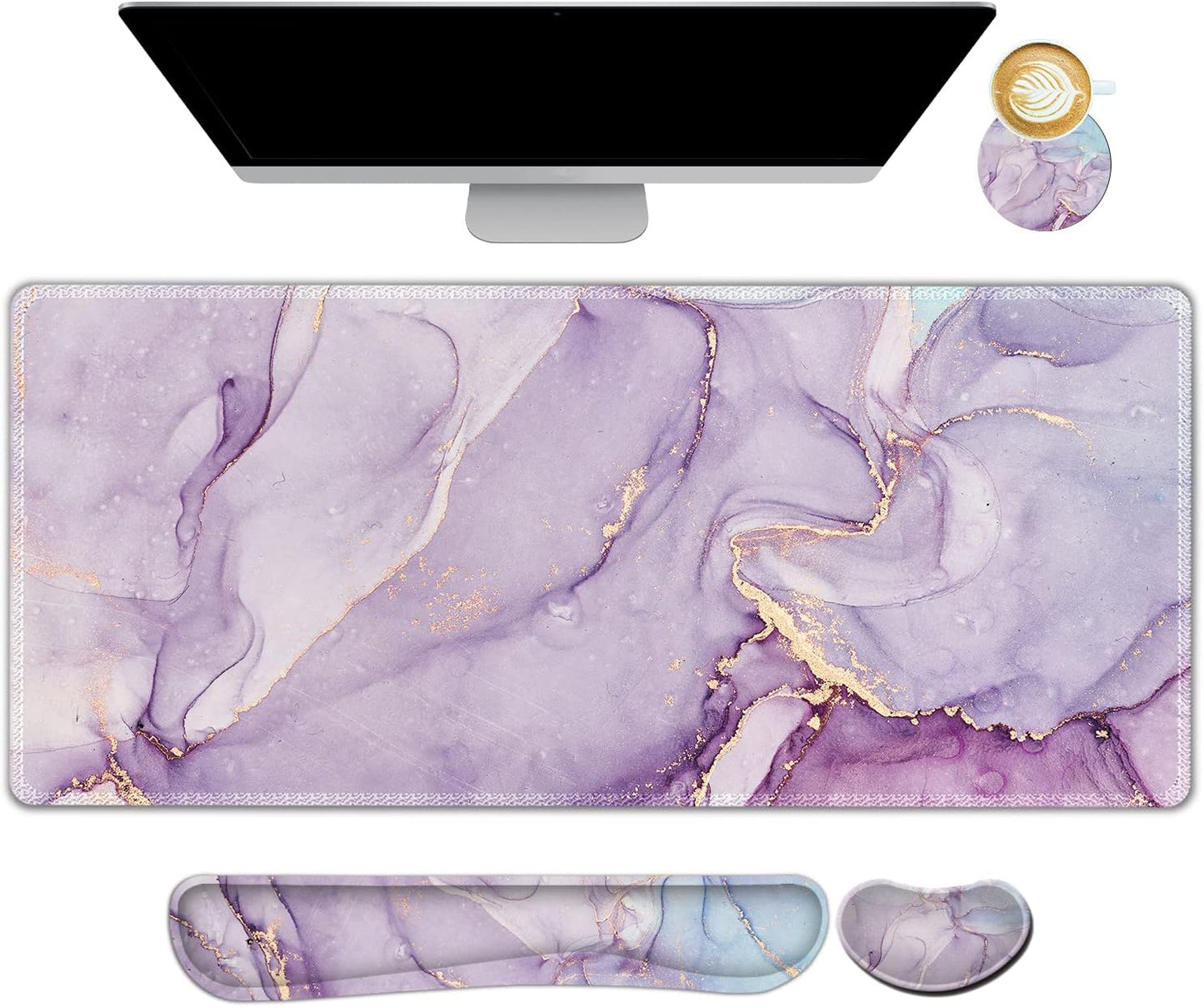 Large Gaming Mouse Pad, Keyboard Wrist Rest Pad & Wrist Support Mousepad Set, Stitched Edge, Extended, Non-Slip Base, Memory Foam Desk Mat for Office, Home, Abstract Art Marble